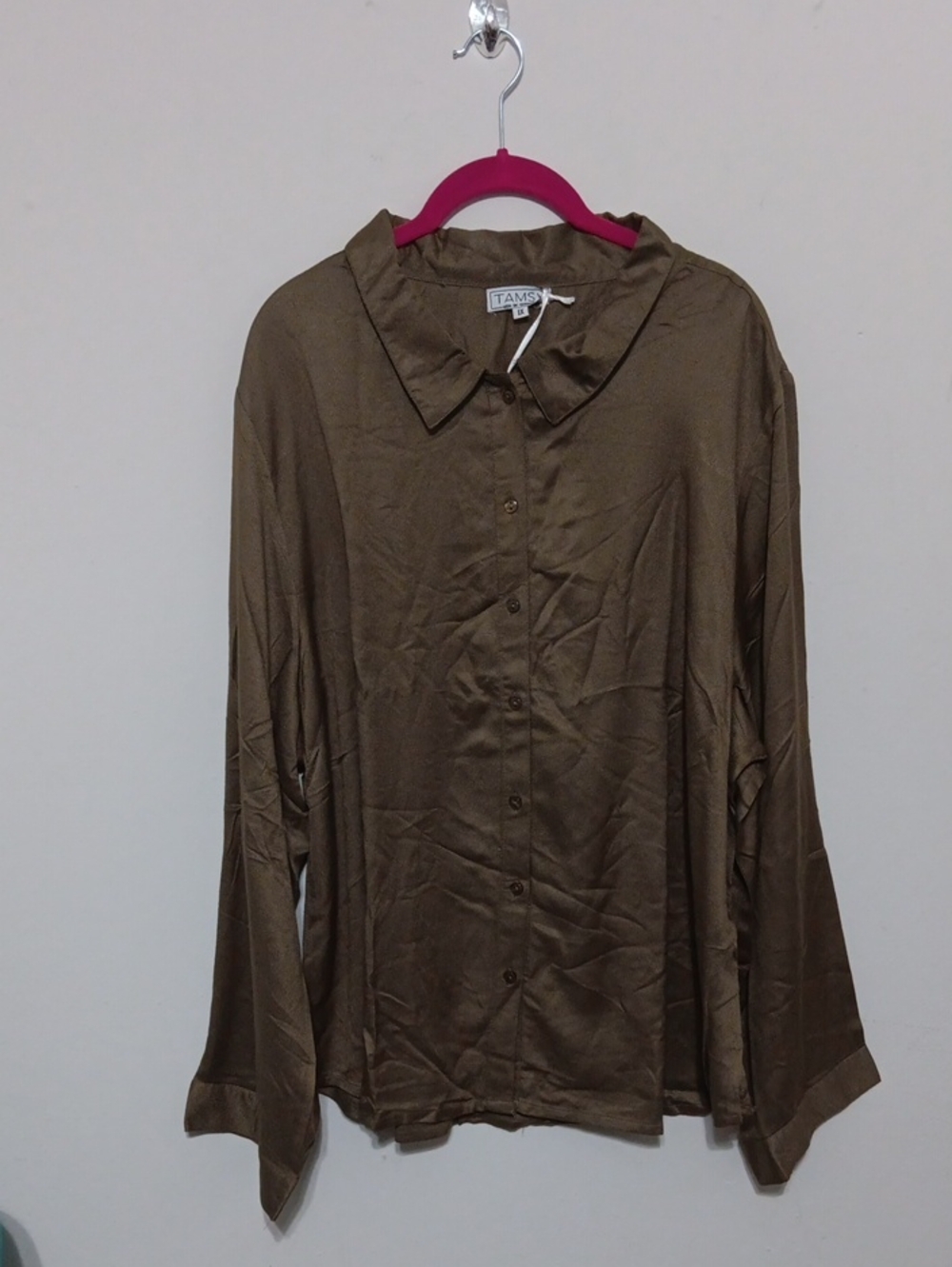 Olive Button-Up Long-Sleeve Shirt 27"-28" Inches Ptp 100% Rayon